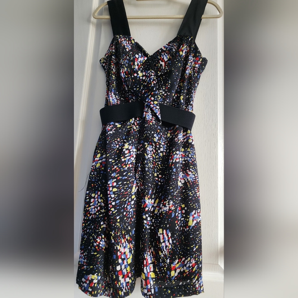 BCBGeneration Satin Black Confetti Print Midi Dress